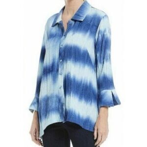 Ali Miles Tie Dye Tunic Shirt Size Small Blue Button Up Crinkled Artsy Lagenlook